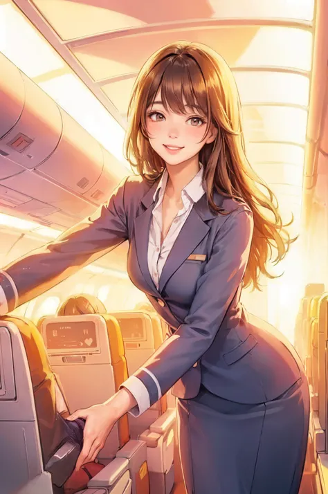 1lady standing, stewardess, (stewardess uniform), /(brown hair/) bangs, blush happy smile,  (masterpiece best quality:1.2) ultra-detailed, large breasts BREAK /(airplane seat/) indoors