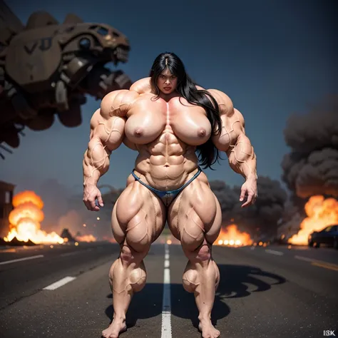 A HD 4K Photo of a huge, enormous, very big, buff, giant, Asian, female bodybuilder, muscle goddess, with long black hair, huge arms and huge legs, naked big boobs, flexing her enormous, giant muscles, big beautiful eyes, walking barefoot down a destroyed,...