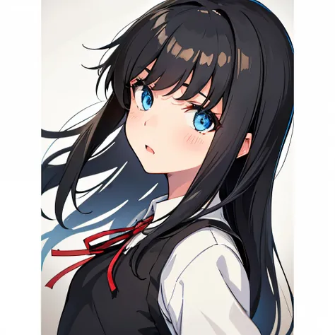 upper body, shouting, from front, black pinafore dress, short red ribbon, black hair, straight hair, half long hair, blue eyes, ...