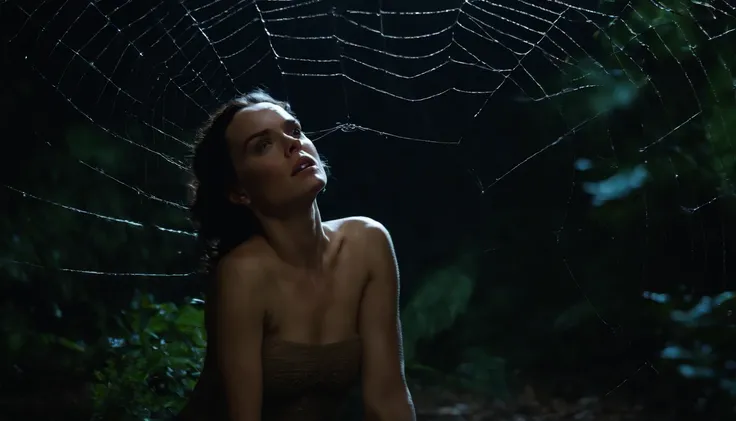 A nude daisy ridley struggles to free herself from a thigh high cocoon, she has man spider webs on her body. She is in a spiderweb filled forest on a moonlit night. She is terrified. Sow all of her body. realistic.  full body pictures, photorealistic style...