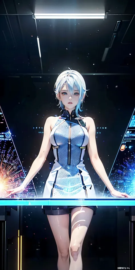 ((american plane, A highly detailed, Brightly colored digital images of young people, An ethereal, symmetrical face with long icy blue hair and eyes that mirror the galaxy., She is wearing an elegant futuristic dress that shines with holographic light refl...