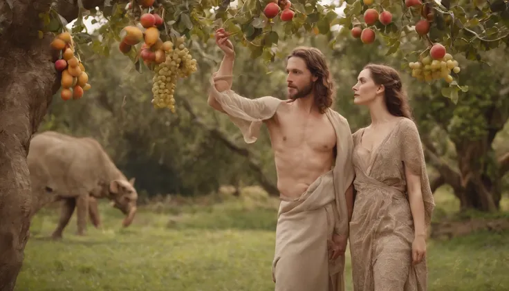 Adam and eve in the Garden of Eden dressed in animals cloths, standing under a tree and eating the fruit