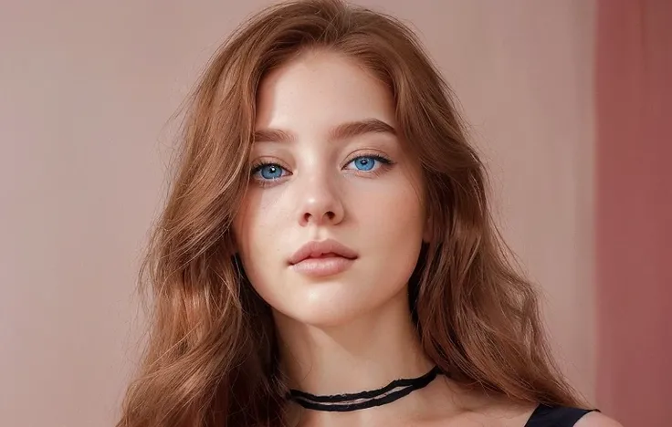 An enchanting woman captivates with her chestnut tresses cascading gracefully, complementing the depth and allure of her mesmerizing blue eyes. Her visage is a portrait of timeless beauty, where each feature, from the delicate curve of her brows to the sub...