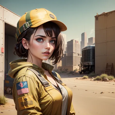 female mechanic, dystopisan, garage, desert background,  vintage car --auto --s2