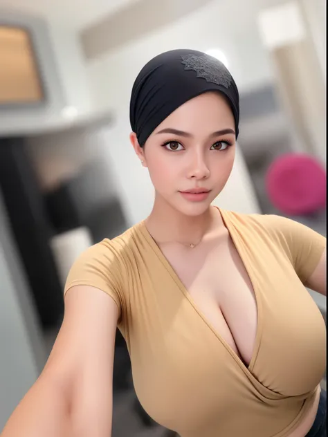 beautifull hand, perfect hand, realistic hand, malay girl wearing hijab, 48 Years Old beautiful woman. ((lace bra and panties)),(bigger boobs),((look down at the camera and open mounth open mounth open mounth))., Emphasize ass, biggerchest, big Nipple, de ...