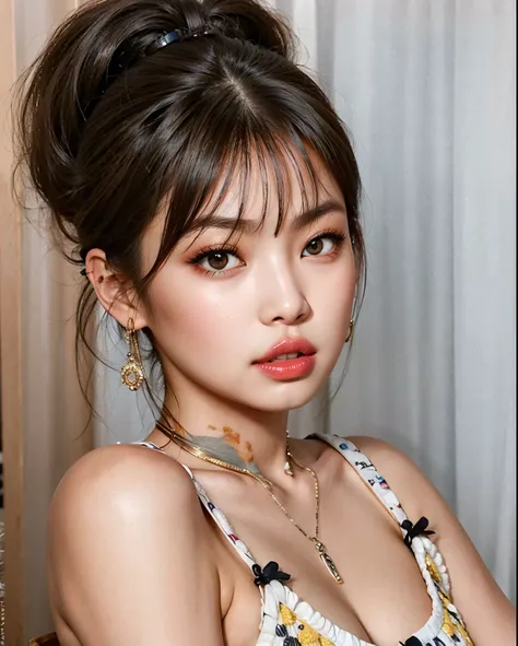 jennie from blackpink  com um seio muito grande posando para uma foto, retrato jennie kim, franja fofa, com franja, rosto sexy c...