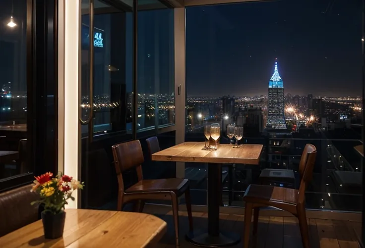 Cafe, Aesthetic cafe, Inside the cafe, View from inside the cafe, Outside the cafe at night, Bright lights, Very detailed cafe, Quiet and calm atmosphere, The cafe is on top of a tall building, views of the city night sky, city lights,