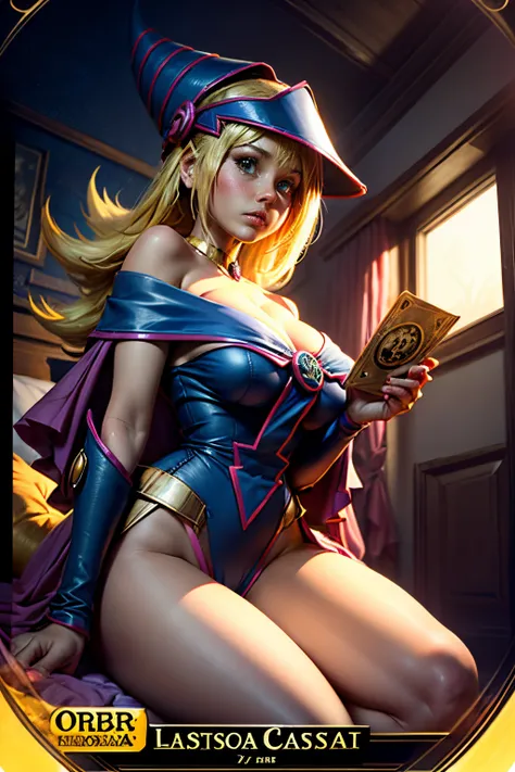 (Obra maestra:1.2), (La mejor calidad:1.2), Perfect lighting, Chica Maga Oscura lanzando un hechizo, In his twenties, flotando en el aire, escote, desde arriba, Destellos, Yugioh Card en el fondo. Pose sejustiva y sensual.