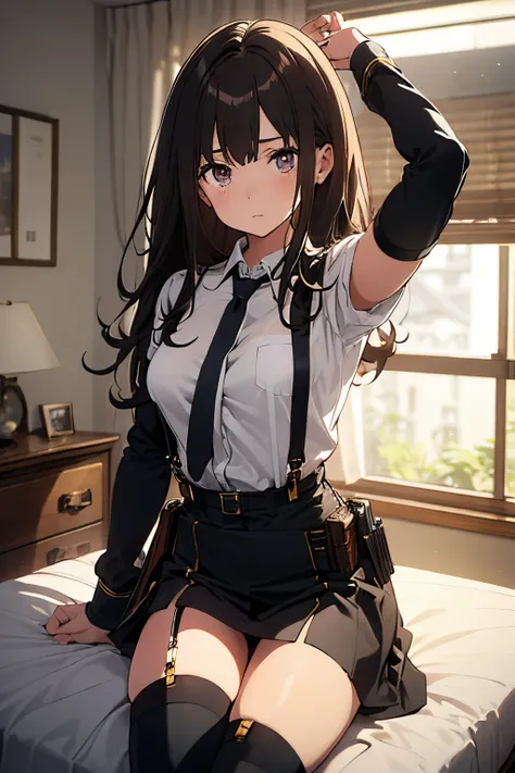 ​masterpiece、flat-colors、depth of fields、lens flare 1 girl、、Brown hair、watching at viewers　　　black suspenders　　　Bulging big breasts　　 　 　　　walls: 　Black miniskirt　garters　　　　　　Gaze　　　Small face　bangss 　　　holster　　Belt Armament　Beautuful Women　srestrained　h...