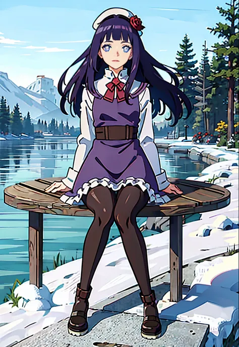 masterpiece, best quality, winter, snow field,
1girl, bangs, purple eyes, blunt bangs, bonnet, brown footwear, dark blue hair, dress, frills, fruit, full body, hat, long hair, long sleeves, looking at viewer, pantyhose, purple dress, red flower, red rose, ...