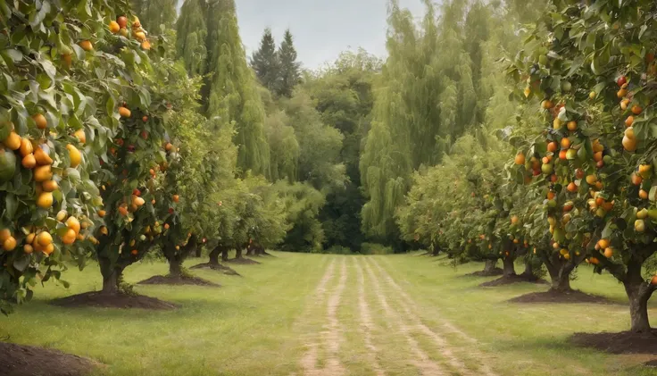 a lot of beautiful tall tress with fruits everywhere in a very beautiful garden.