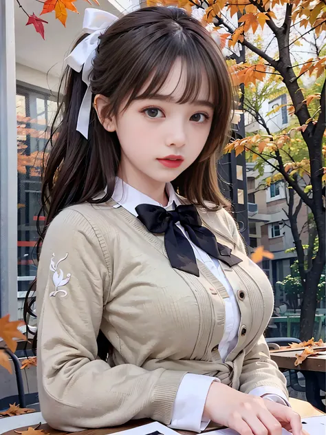 Original image quality、8K分辨率、Ultra HD CG images、autumn leaves at night🍁、rays of moonlight、Beautiful girl of 16 years old、Eyes are delicate and beautiful。(Double ponytailed black hair:1.4), (White ribbon holds hair in place:1.4), (Platinum silver accessorie...