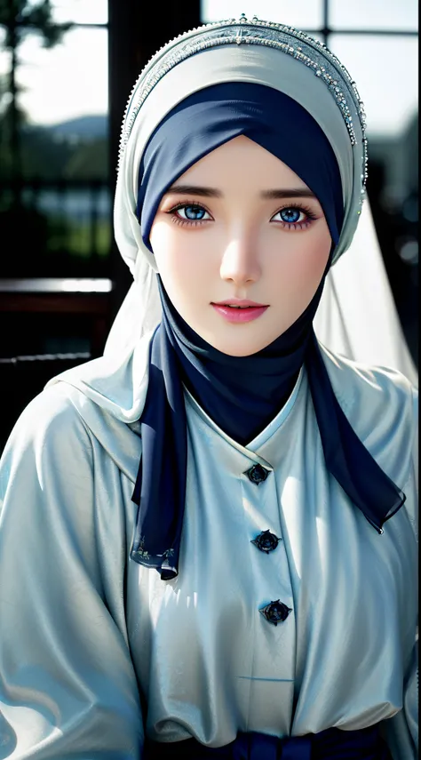 1girl, solo, beautiful face, high detailed realistic eyes, double eyelids, high detailed realistic pupils, (upon body from head to waist:1.36), (wearing hijab:1.37), (moslem headscarf:1.37), reading glasses, sitting alone on a long chair, amazing mosque pa...