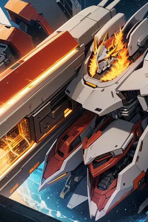 Close-up of robot with sword and flame, well armored mech dragon, anime large mecha robot, zoids art, with robot dragon head, giant anime mecha, greek god in mecha style, cool mecha style, Modern Mecha Anime, mecha art, Gold Paladin