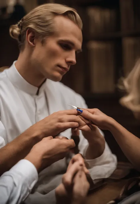 A photo of MormonMorgan getting a manicure, showing off his small fingers,original,MormonMorgan is blonde with blue eyes and he’s nearly 7 ft tall, male