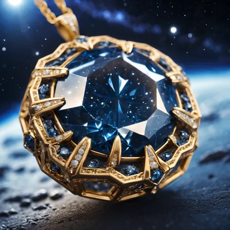 deslumbrantes joias redondas em 3D, thin necklace decorated with gold details detailed 8k resolution, large hexagonal blue diamond in the center with the Milky Way inside, starry space in the background. Fotografia macro de Miso Asai, Close-up, hiper detal...