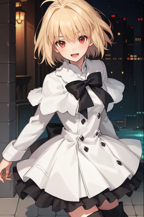 arcueid (tsukihime), ((1girl:1.5)), (((solo:1.5))),arms behind back, black bowtie on chest, blush, buttons, white fur capelet, dress, fur trim, looking at viewer, open mouth, smile, solo, vampire, white dress, bokeh, long sleeves, :d, blurry, blurry backgr...