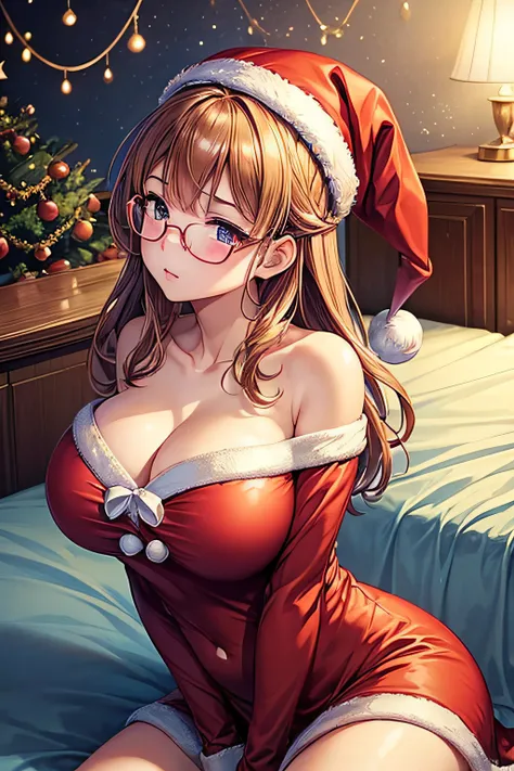 ((worst quality, low-quality)), Super delicate, ​masterpiece,Composition of the upper body, wariza, girl with, Solo, (Big breasts), ((chest opened, santa costume:1.2)), (Elbows on the bed), (Sleeping), (Under-rim glasses:1.3),plump shiny lips, Beautiful cl...