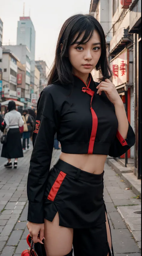 Hutao from genshin impact, 1 girl, black Hair, china city background,Increase background detail, ultra HD  High quality Masterpieces, Beautiful face Beautiful eyeballs Eyes with details,