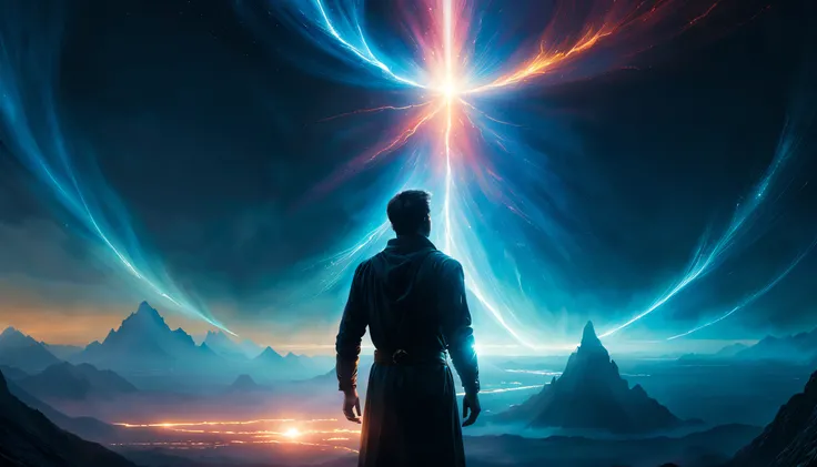 far distant man in a bright glowing aura of light, ascension, UHD, by Aleksi Briclot and Alessio Albi and Alexandre Cabanel, unzoom