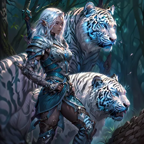 high details, best quality, 16k, [Ultra detailed], masterpiece,  best quality, (extremely detailed), dynamic angle, ultra wide shot, RAW, photorealistic, fantasy art, RPG art, realistic art, a wide angle picture of an epic female drow ranger and her pet (w...