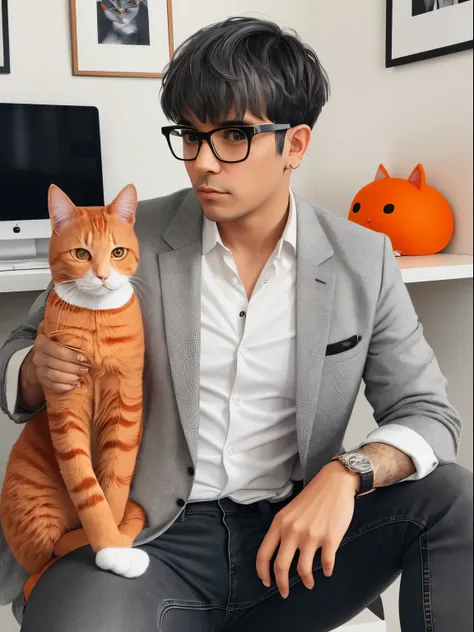 Man writer of horror stories, Short hair with bangs and square gray glasses with gray blazer, Camisa social preta, Black jeans and white all-star sneakers on white home office background with orange cat.