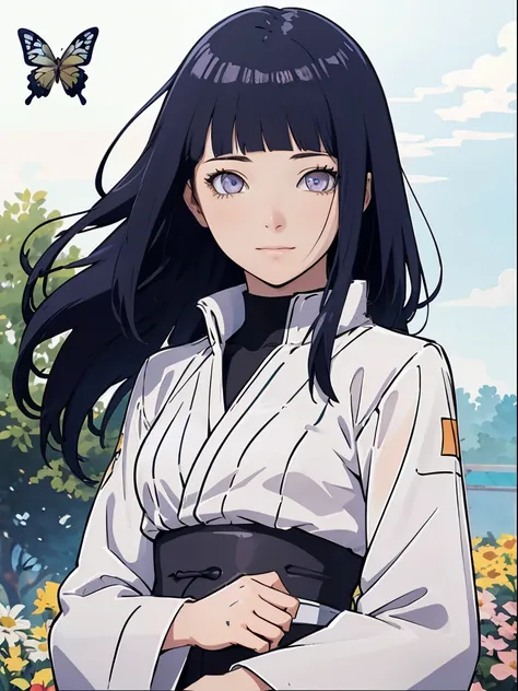 one beautiful girl,detailed beautiful hair,detailed beautiful eyes, hinata hyuga, blunt bangs, long hair, soft smile, butterfly ...