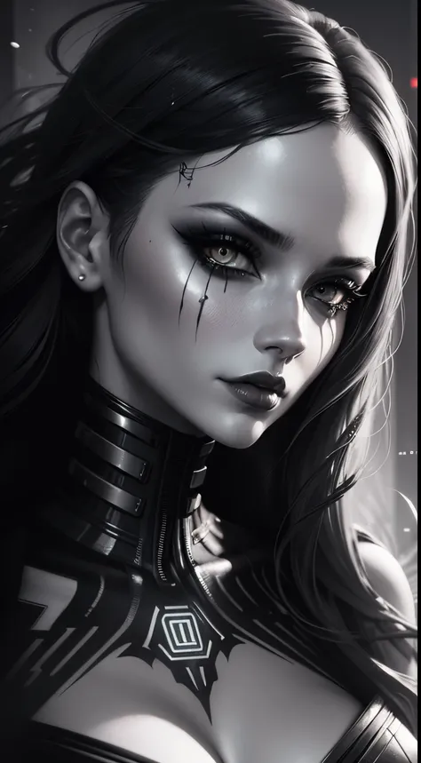 a digital painting of a woman with black and white makeup, cyberpunk art by Anna Dittmann, cgsociety, gothic art, dystopian art, detailed painting, behance hd, deep photography, Ilford HP5 film, crushed blacks, depth of field, dark photo, film grain, shado...