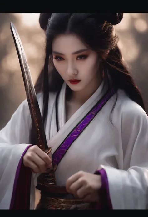 ancient chinese fantasy，femele，Long sword in hand，The long sword has a totem pattern，Black flames in the background，Wearing a white ancient Chinese robe，bust，The eyes are purple，