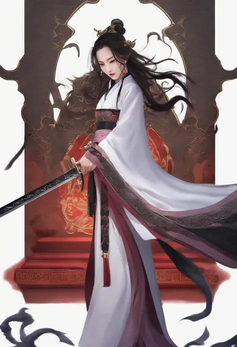 ancient chinese fantasy，femele，Long sword in hand，The long sword has a totem pattern，Black flames in the background，Wearing a white ancient Chinese robe，bust，The eyes are purple，