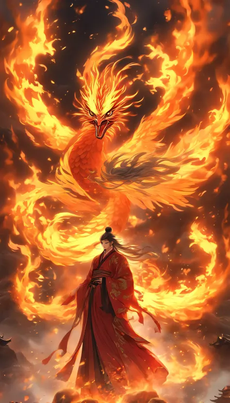 Chinese style，The medium scene is，Taoist priest stands in front of huge firebird with spread wings，massive wings，stretch out your hands，Long messy hair，glowing effect，hyper realisitc，ultra real photo，Chinese ink style，Fiery，frotting，soile，8K，ultradetailed，...