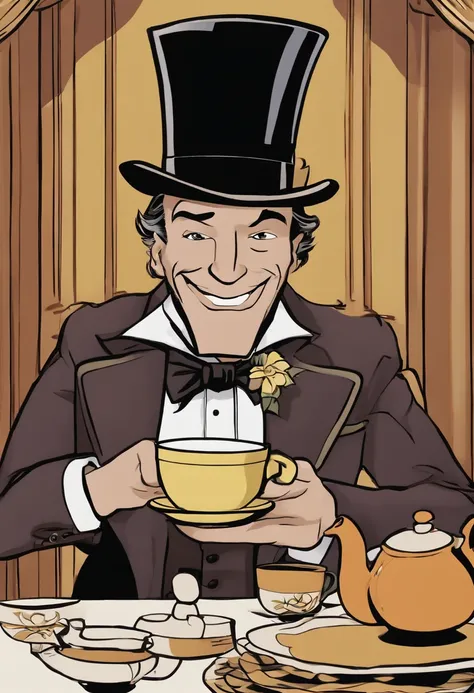 A photo of Jervis sitting at a tea party table, pouring tea from a teapot into a cup while staring intensely at the camera with a devious grin.,Batman: The Animated Series,Jervis is tall, wears a tweed suit and top hat, shoulder length curly brown hair and...