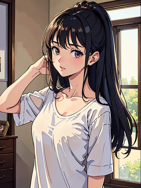 (highest resolution, distinct_image) The best quality, a woman, masterpiece, highly detailed, semi realistic, 21 years old, cute, young, beautiful, naked oversized t-shirt, shirt tug, collar on neck, indoors, modern bedroom, window, waking up, morning, blu...