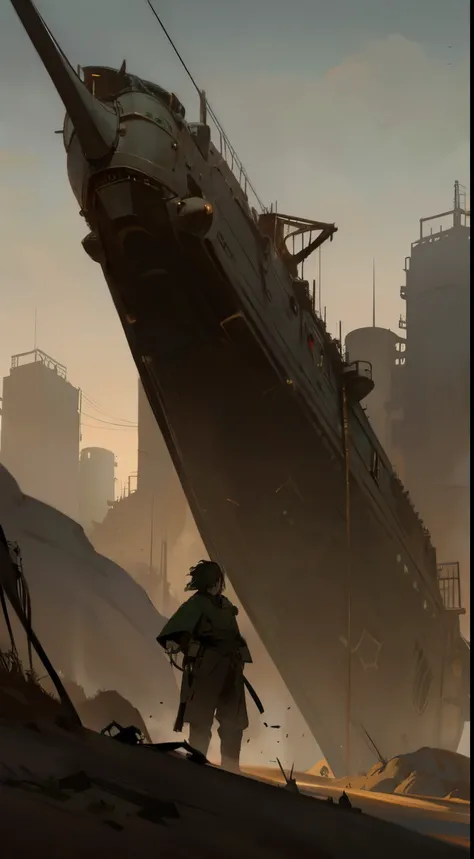 Post-apocalyptic wars, shadowing, Nero, A desert , shadowing, Gloomy atmosphere, darkly, ((natta)), The breadth of the landscape, book cover，Wasteland，A desert，Dilapidated airship，Japanese style。asian-looking，Airship in Asian style，Japanese airship over ca...