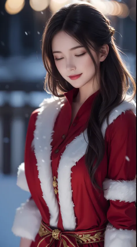 (Aesthetic, High Resolution: 1.2), full-body portrait of a beautiful 20-year-old woman wearing an intricately detailed red boby Santa Claus costume, symmetrical costume structure, clear eyes bright, happy smile, changed hairstyle, snow is falling, snow in ...