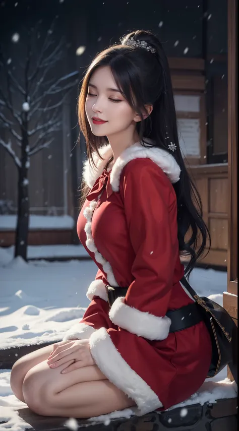 (Aesthetic, High Resolution: 1.2), full-body portrait of a beautiful 20-year-old woman wearing an intricately detailed red boby Santa Claus costume, symmetrical costume structure, clear eyes bright, happy smile, changed hairstyle, snow is falling, snow in ...