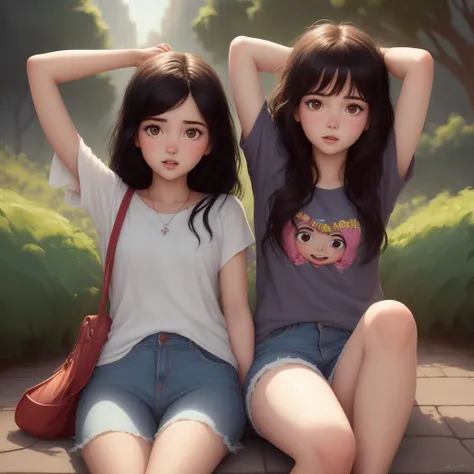 Una imagen de estilo Pixar en la que haya dos chicas, a 20 year old woman with dark hair and her little sister with dark hair and brown eyes. They are pulling their hair out, pero se quieren mucho