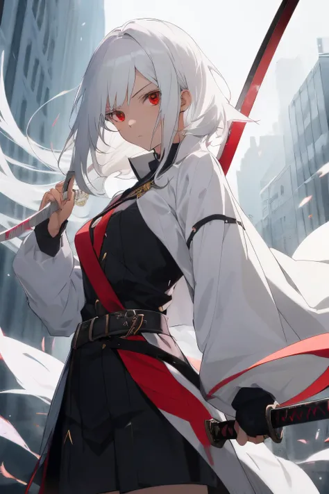 A white-haired anime girl holding a sword with black lines, 1girl in, Red Eyes, Solo, arma, Holding a sword, White hair, Looking at Viewer, holding weapon, pull the sword out of the scabbard