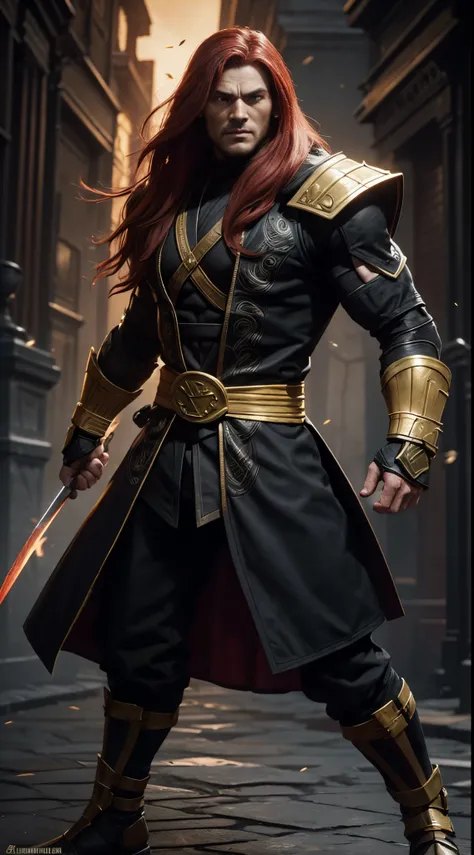 A warrior man with long red hair wearing a black coat with gold details in mortal kombat 11 style