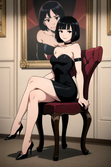 1 girl, teenage, black hair, short black hair, medium hair, bob hair, black eyes, little black dress, strapless dress, short bodycon dress, skin-tight dress, smile, choker, fancy hotel, sexy, masterpiece, high quality, sitting pose, on a chair.