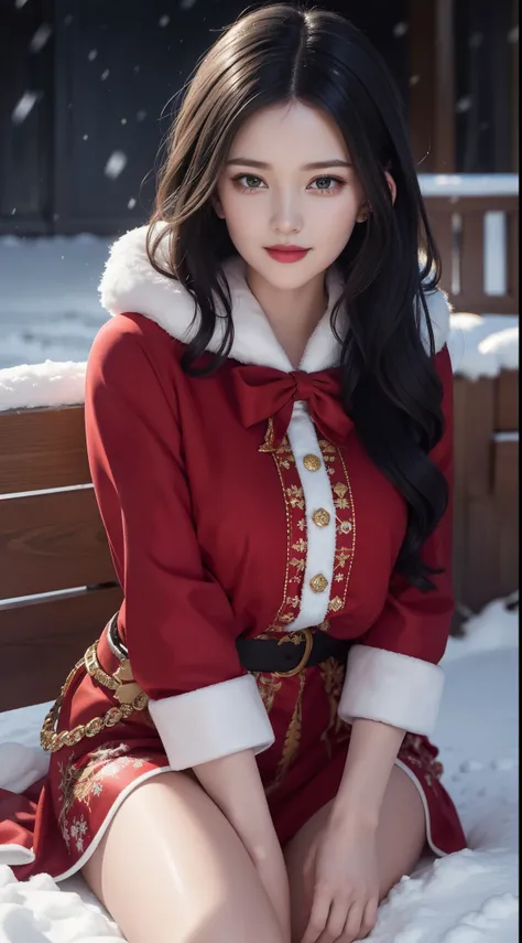 (Aesthetic, High Resolution: 1.2), full-body portrait of a beautiful 20-year-old woman wearing an intricately detailed red boby Santa Claus costume, symmetrical costume structure, bright clear eyes, happy smile, changing hairstyle, falling snow, snow in ha...