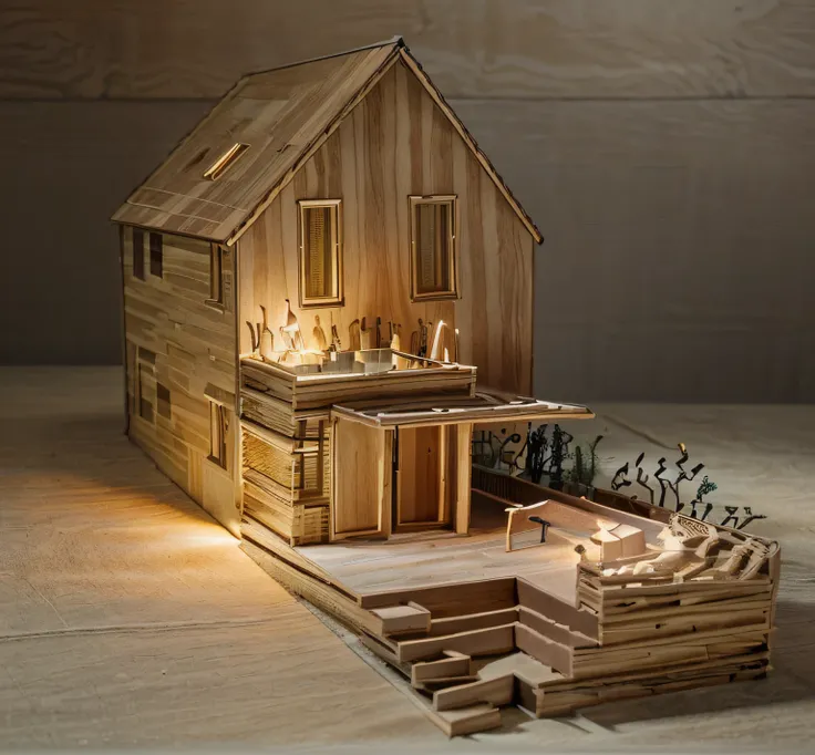 Architecture model house, wooden material, with interior lighting