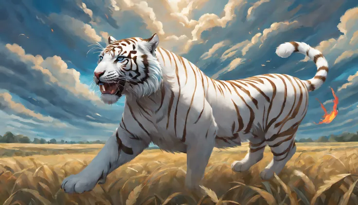 (The main subject: wide wide shot), [（the white tiger+Bania+flowing mane+sharp claws and fangs)+(Dynamic and powerful wings）], safe,dramatic clouds,(Go deep into the fields),The flame is light blue, Rich details​, (Wide sky), (sense of vastness),Energy and...