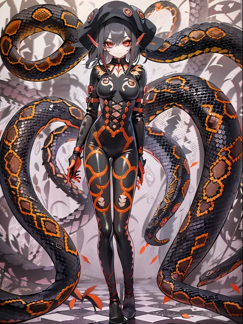 1 cute demon anime girl with electrifying eyes, big red snake eyes, her palms spread out in front of her face, blood dripping fr...