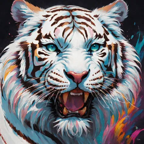 Best quality at best,ultra - detailed,actual,vivd colour,White Tiger,sportrait,illustratio,Focus sharp,Vibrant background,Delicate fur,Expressive eyes,Intense expression,Striking pose,majestic feeling,Stylized rendering,Beautiful contrast,Thick lines,Rich ...