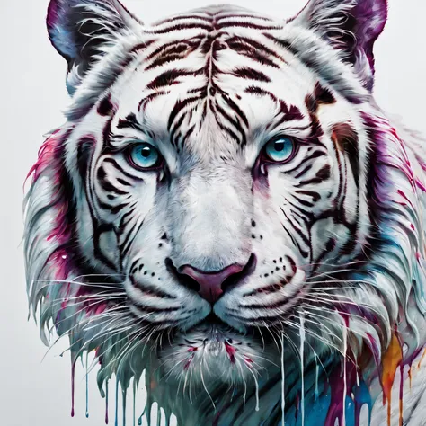 colored ink poured on canvas, form white tiger face. photore, studio lighting, sony a7, 35mm, hyper realisitc, large depth of fi...