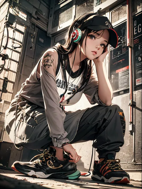 Put on headphones、Dressed in hip-hop style、90s style、cinematric light, Cinema Shadow, Sharp Image, Extremely detailed,、beautiful effects,  Highly detailed image textures,   , Highly detailed image textures,Photo from the knee up