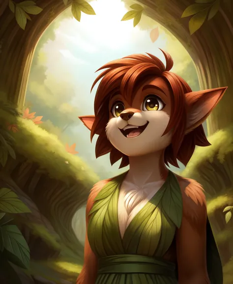 elora furry, detailed and extremely fluffy body fur, fluff, masterpiece, looking up beautiful surroundings, detailed background, happy, leaf-dress,