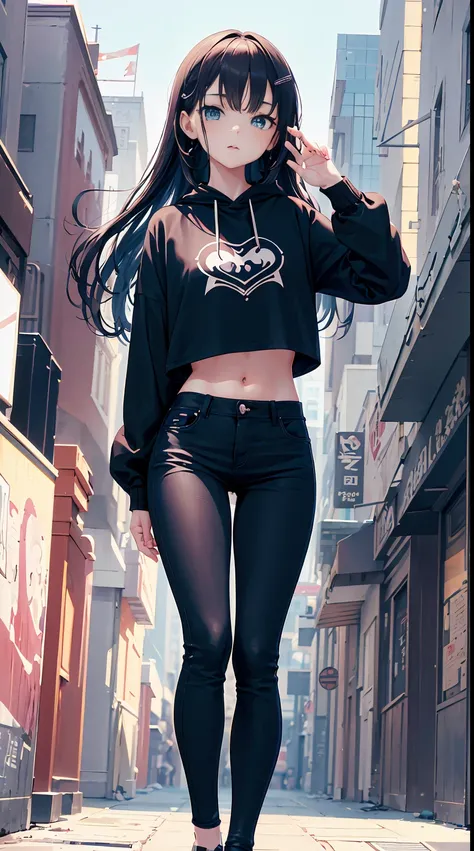 10 year old, 1girl, young girl, anime style, skinny body, Anime young girl wearing crop top black hoodie, skinny jeans pants, blue long hair with hair-clip, green eyes colour, pose picture of her cute pose, straight on street of towers, anime art wallpaper...