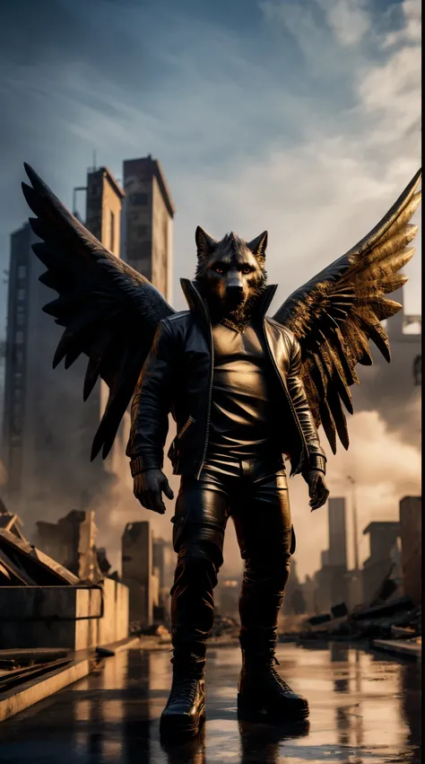 Cooper alone looking at the viewer beautiful angel wings open full body standing a realistic background of a destroyed city of São Paulo Mesmerizing golden eyes floating wearing a black jacket and blue long pants ultra realistic digital art in 3D full HD s...